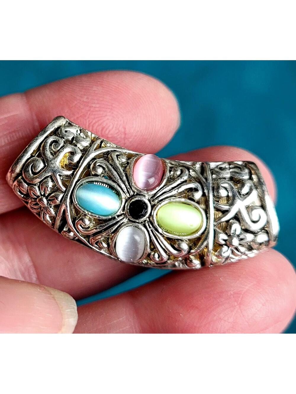 Silver Tone Filigree Pendant and Earrings Set Colorful Cabochon Stones
